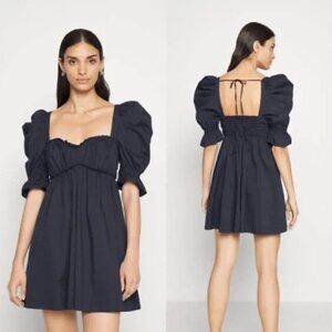 Cinq a Sept Dress Womens 4 Jovi Puff Sleeve Smocked Square Neck Mini Navy Blue